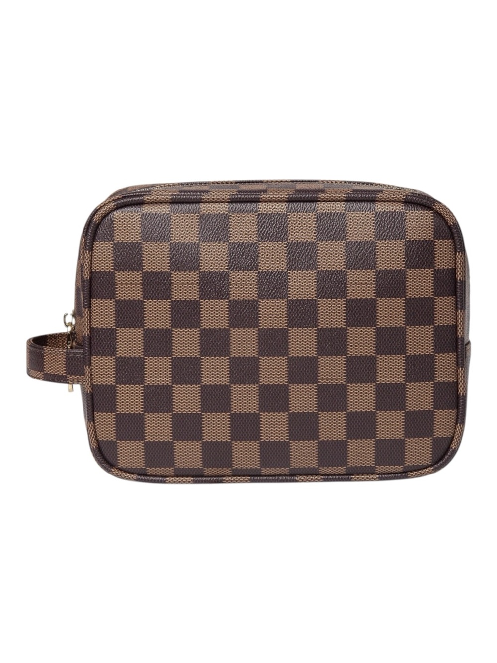 NWT Daisy Rose Cosmetic Toiletry Travel Bag - Brown Checkered - Vegan Leather